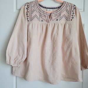Knox Rose Soft Peach Embroidered Babydoll Long sleeve blouse. EUC  Size XL